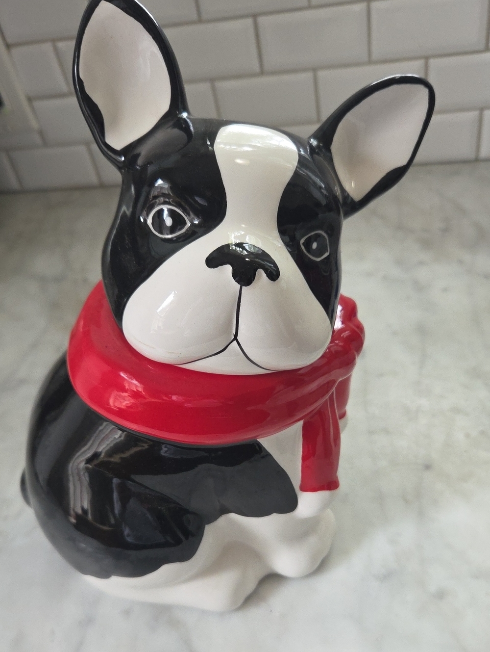 Black & White Ceramic French Bulldog with Red Scarf Cookie Jar